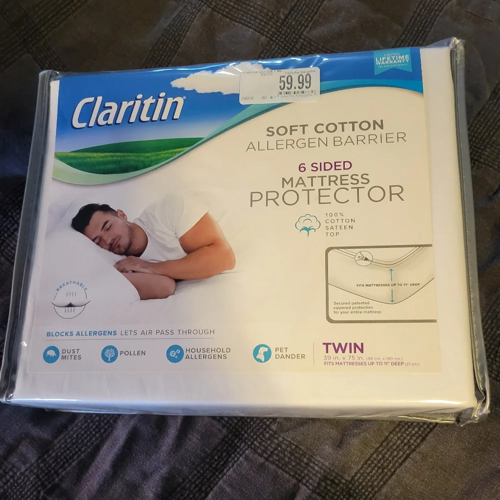 Claritin Twin 6 sided mattress protector NEW